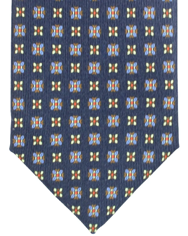 Men's tie with vibrant geometric shapes-E. Marinella Tie Dark Blue Red Mini Floral Design