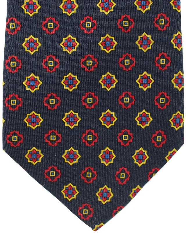 Designer men's tie with sophisticated colors-E. Marinella Tie Dark Navy Red Mini Medallions - Sartorial