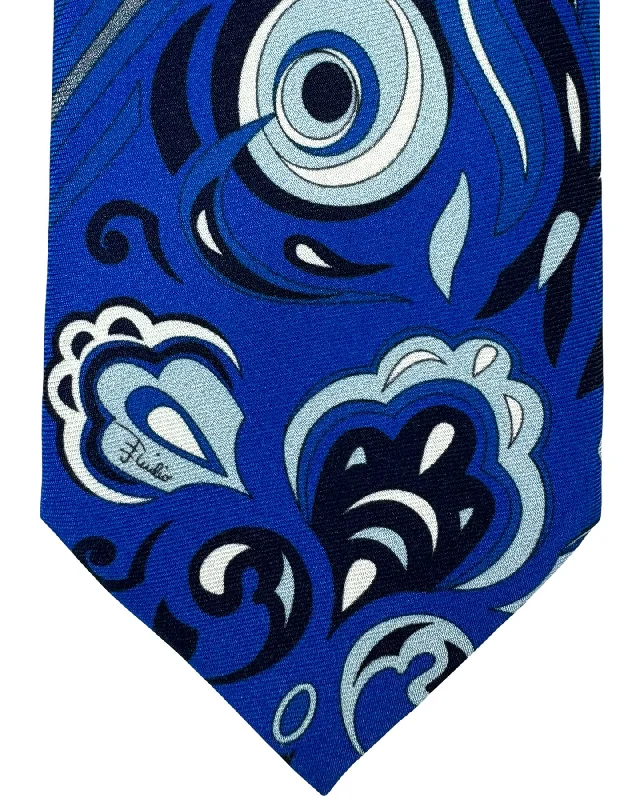 Elegant men's tie with embroidered details-Emilio Pucci Silk Tie Signature Royal Blue Black Gray Swirl Design