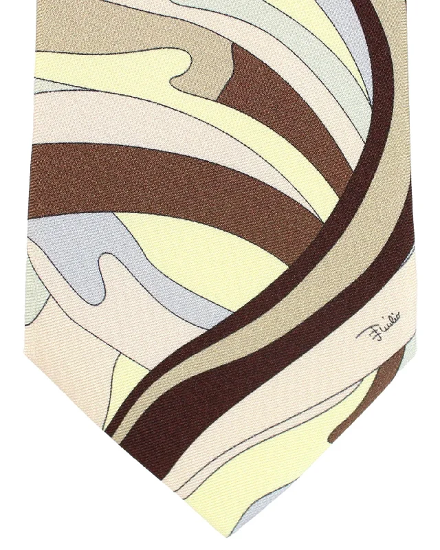 Men's tie with a modern geometric design-Emilio Pucci Silk Tie Signature Yellow Brown Taupe Swirl