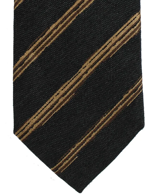 Men's tie with minimalistic checks for office wear-Ermenegildo Zegna Tie Black Brown Stripes - Wool Silk Narrow Necktie SALE