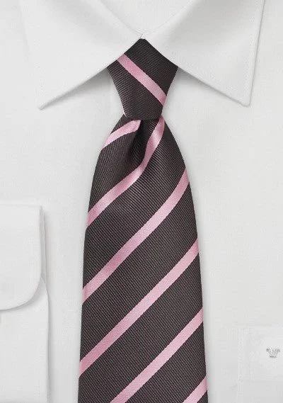 Men's tie with fine linen fabric for summer-Espresso and Pink Repp&Regimental Striped Necktie