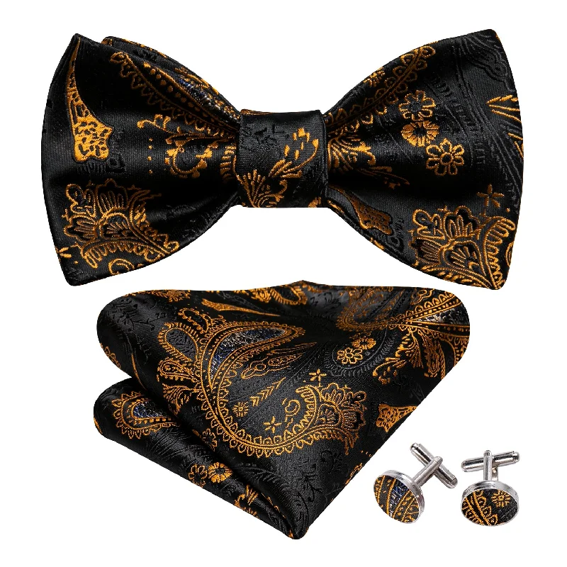 Stylish men's tie with a trendy chevron design-Barry Wang Fashion Black Gold Paisley Men's Bowtie Hanky Cufflinks Set