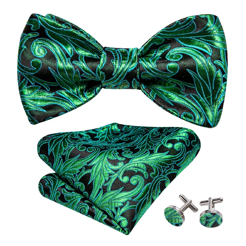 Men's tie with rich fabric texture-Fashion Green Paisley Bow Tie Hanky Cufflinks Set