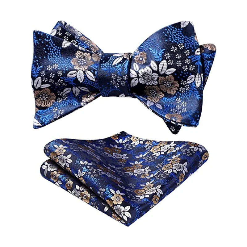 Stylish men's tie for modern business meetings-Floral Bow Tie & Pocket Square - A-NAVY BLUE/WHITE/BROWN