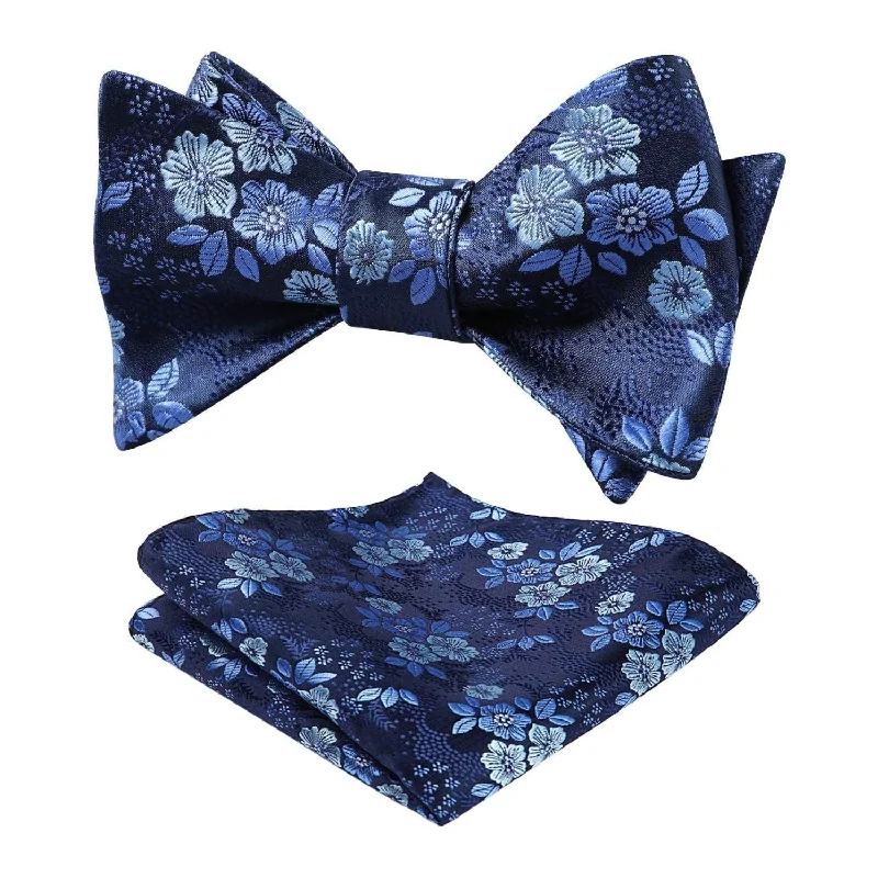 Luxury men's tie with subtle checks-Floral Bow Tie & Pocket Square - A-A NAVY BLUE