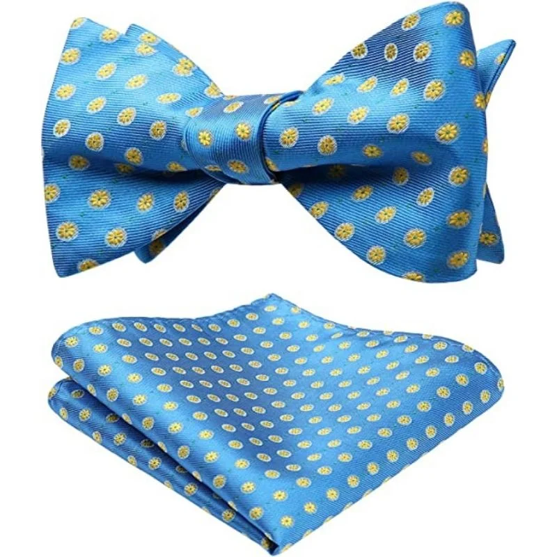 Men's tie with a modern geometric design-Floral Bow Tie & Pocket Square - A-BLUE/YELLOW