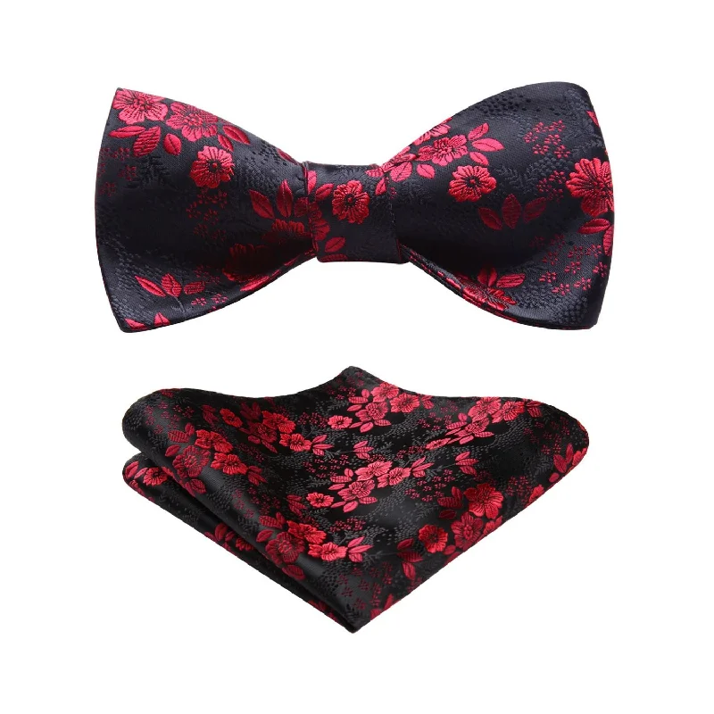 Men's silk tie with fine texture for business-Floral Bow Tie & Pocket Square - A-BURGUNDY/BLACK