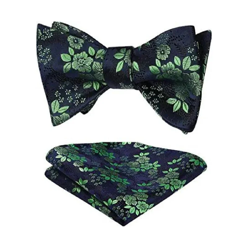 Men's tie with modern fabric for a luxurious feel-Floral Bow Tie & Pocket Square - A-GREEN/NAVY BLUE