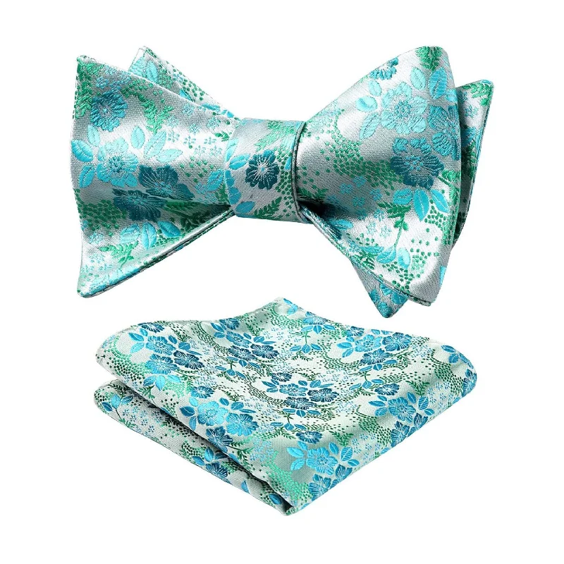 Men's tie with paisley design for weddings-Floral Bow Tie & Pocket Square - AQUA