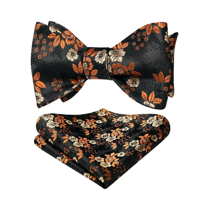 Men's tie with rich blue tones for events-Floral Bow Tie & Pocket Square - BLACK 2