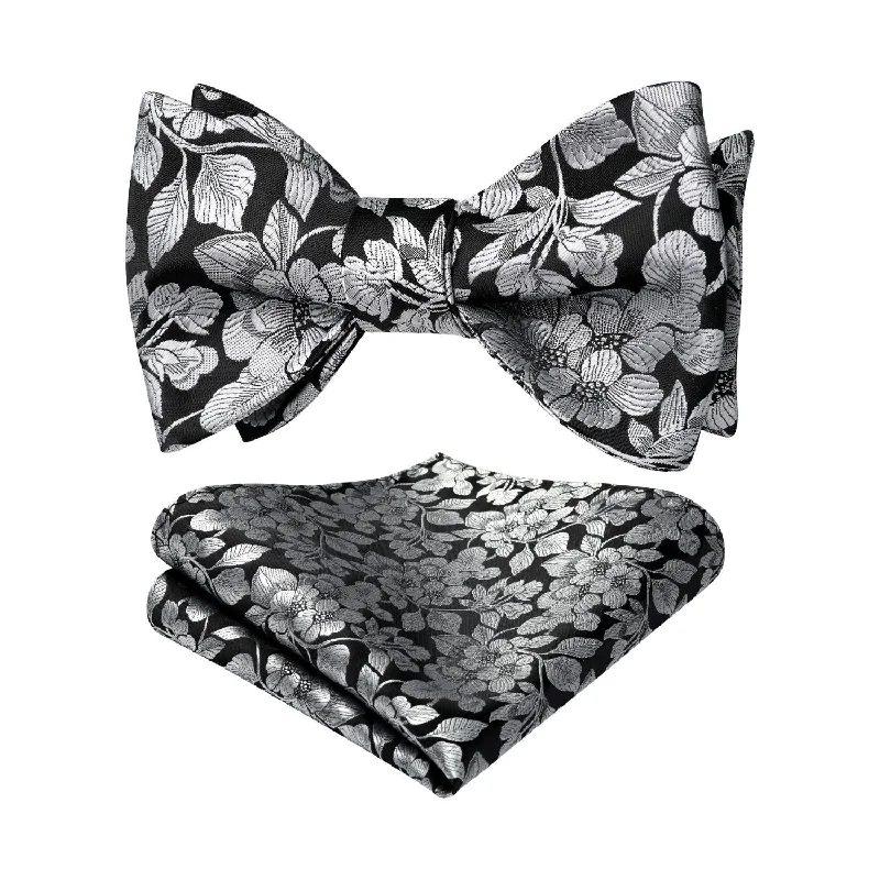 Classic men's tie with subtle designs for business-Floral Bow Tie & Pocket Square - BLACK/SILVER