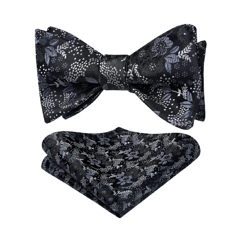 Men's tie with subtle patterns for upscale events-Floral Bow Tie & Pocket Square - BLACK/WHITE-FLORAL