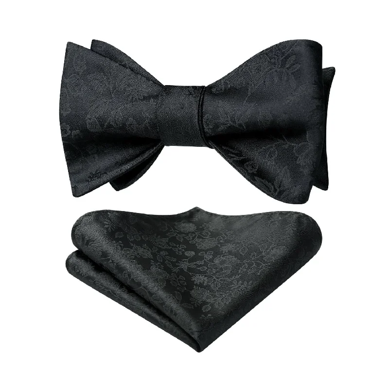 Best silk tie for summer business functions-Floral Bow Tie & Pocket Square - BLACK