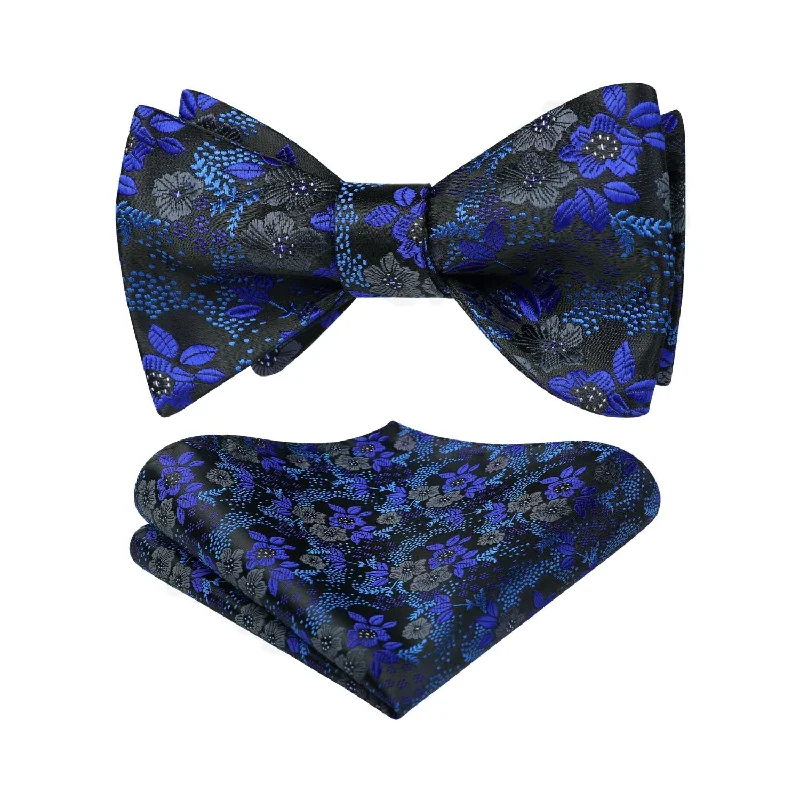 Men's tie with subtle textures for everyday office wear-Floral Bow Tie & Pocket Square - BLUE-2