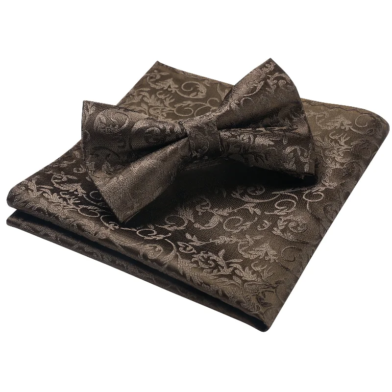 Stylish men's tie for professional dinners-Floral Bow Tie & Pocket Square - BROWN