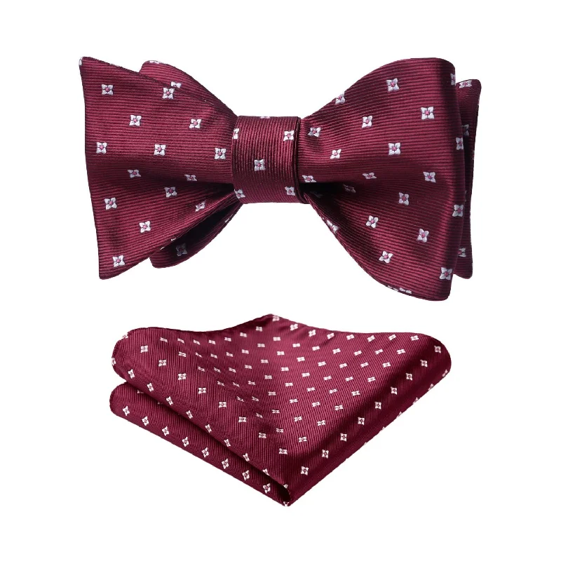 Classic men's tie with diamond texture-Floral Bow Tie & Pocket Square - BURGUNDY/WHITE