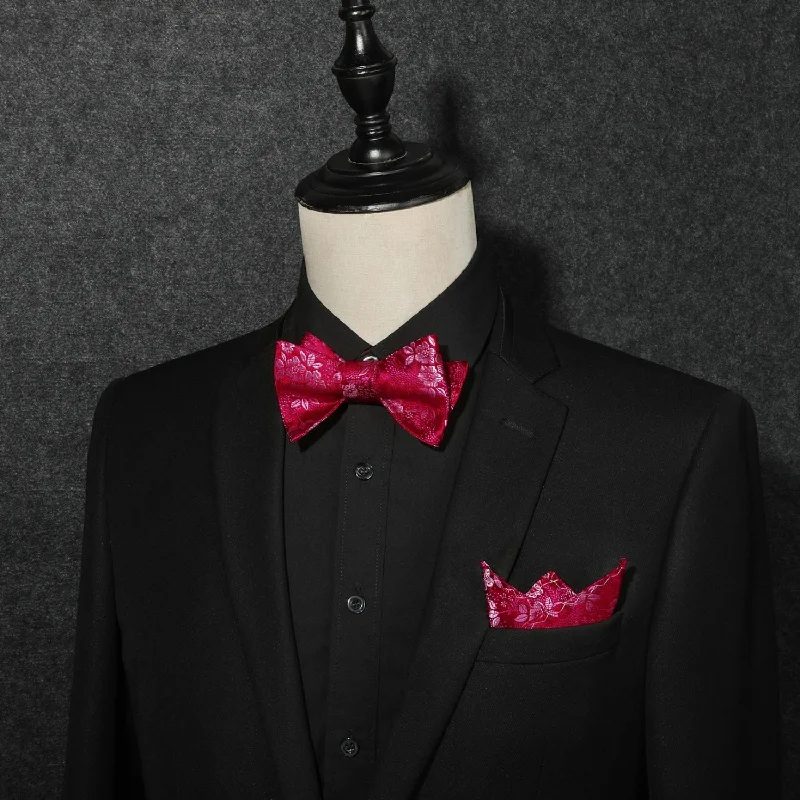 Men's tie with a vibrant floral print-Floral Bow Tie & Pocket Square - C-011 HOT PINK