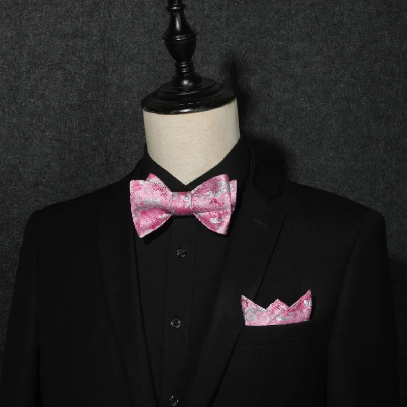 Luxury men's tie with velvet texture-Floral Bow Tie & Pocket Square - E-02 PINK