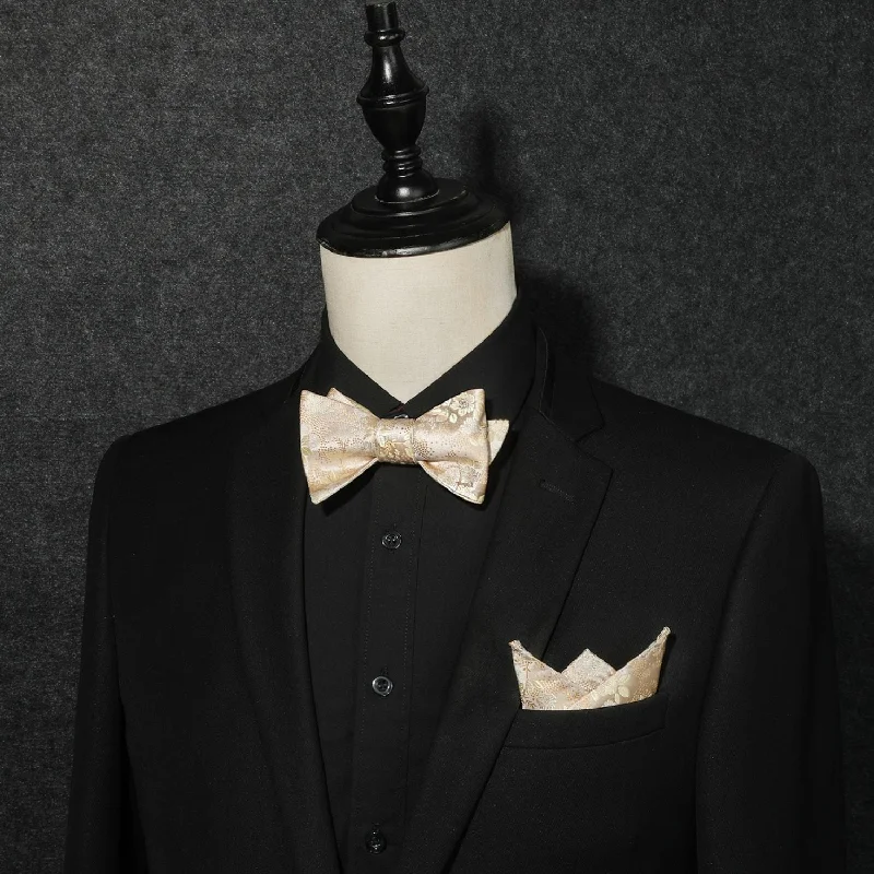 Best tie for wedding season-Floral Bow Tie & Pocket Square - G-021 CHAMPAGNE