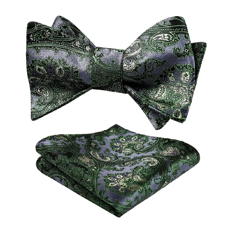 Men's tie with vibrant floral designs for weddings-Floral Bow Tie & Pocket Square - GREEN/GREY