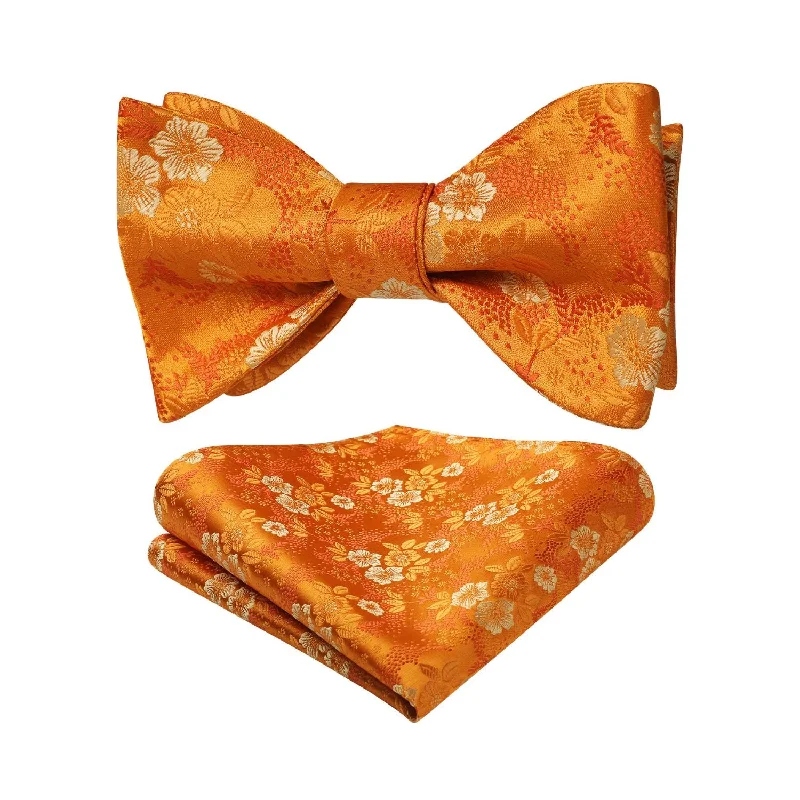 Men's tie with delicate embroidery-Floral Bow Tie & Pocket Square - ORANGE 2