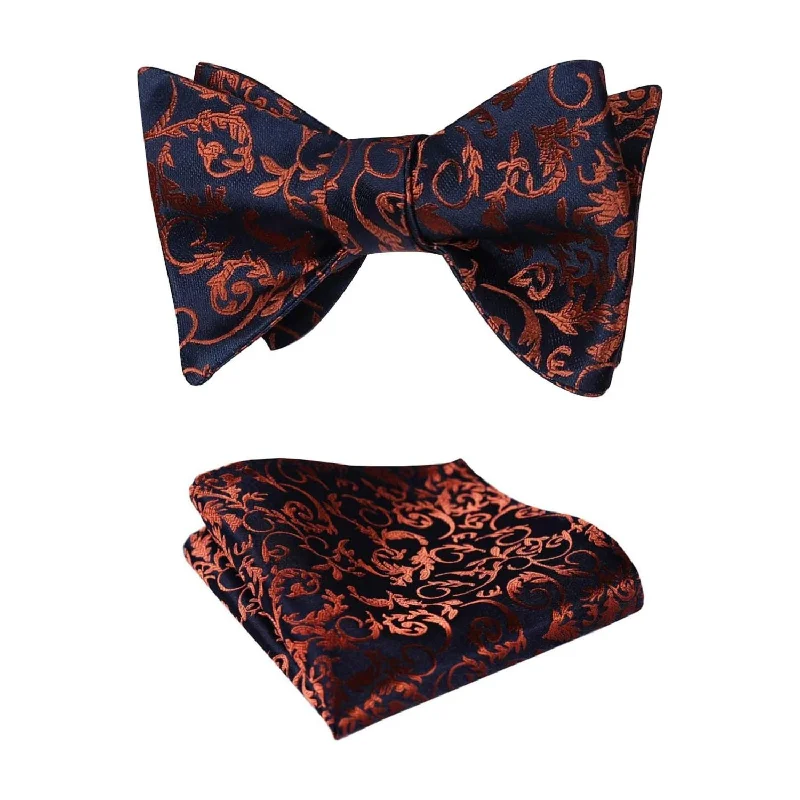 Luxury men's tie with subtle checks-Floral Bow Tie & Pocket Square - ORANGE/NAVY