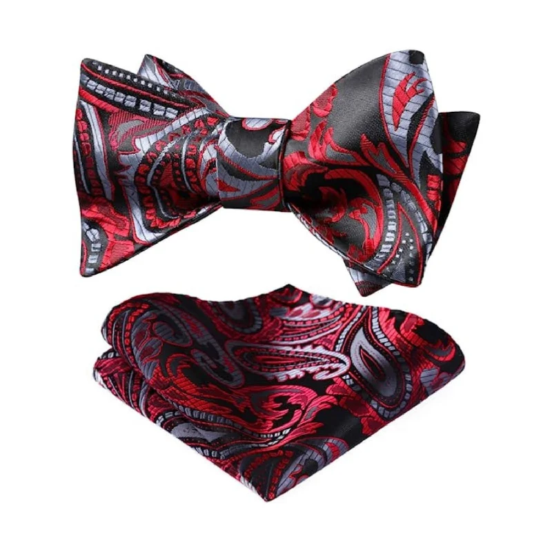 Stylish men's tie with bold geometric designs-Floral Bow Tie & Pocket Square - RED/GREY/BLACK