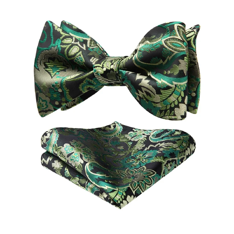 Affordable men's tie with bold colors-Floral Bow Tie & Pocket Square Sets - A-GREEN