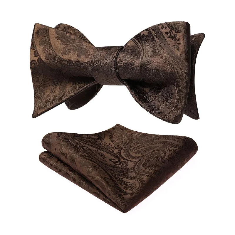 Men's tie with fine linen fabric for summer-Floral Paisley Bow Tie & Pocket Square - 1-BROWN