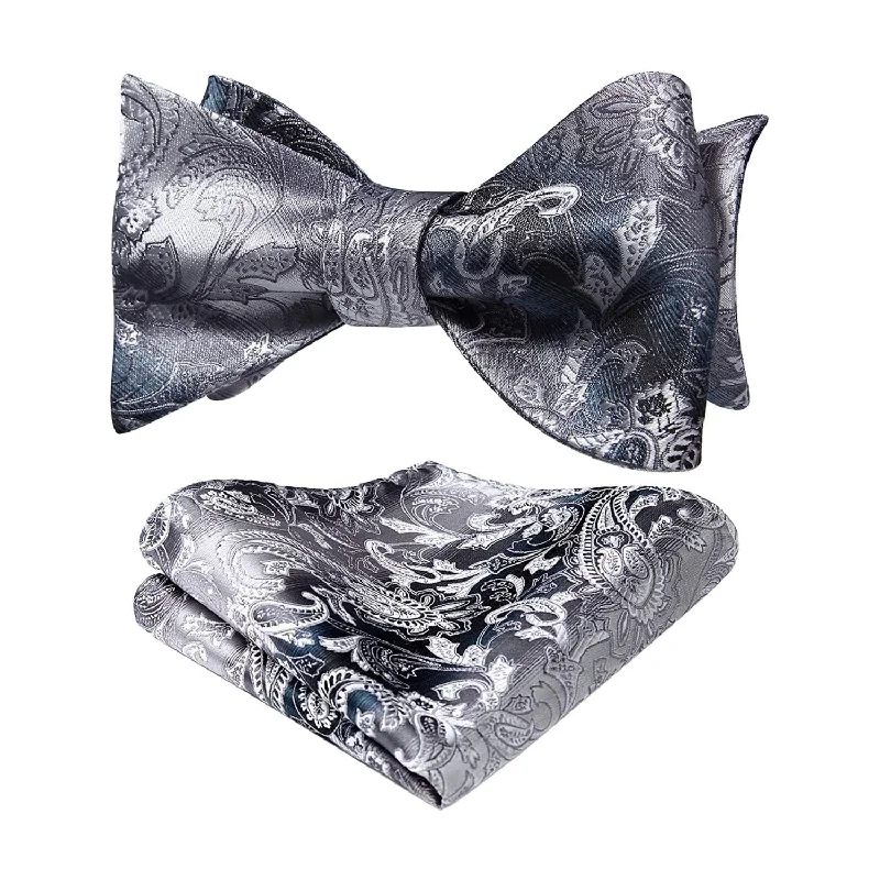 Classic men's tie for a professional business dinner-Floral Paisley Bow Tie & Pocket Square - GREY