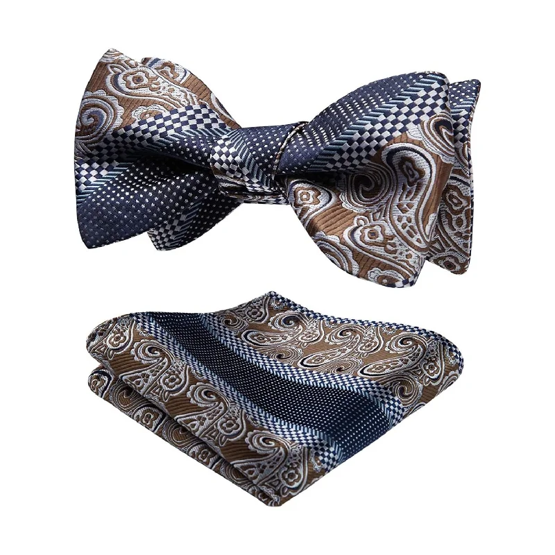 Best tie for weddings with bold patterns-Floral Paisley Bow Tie & Pocket Square Sets - 03-BROWN/BLUE