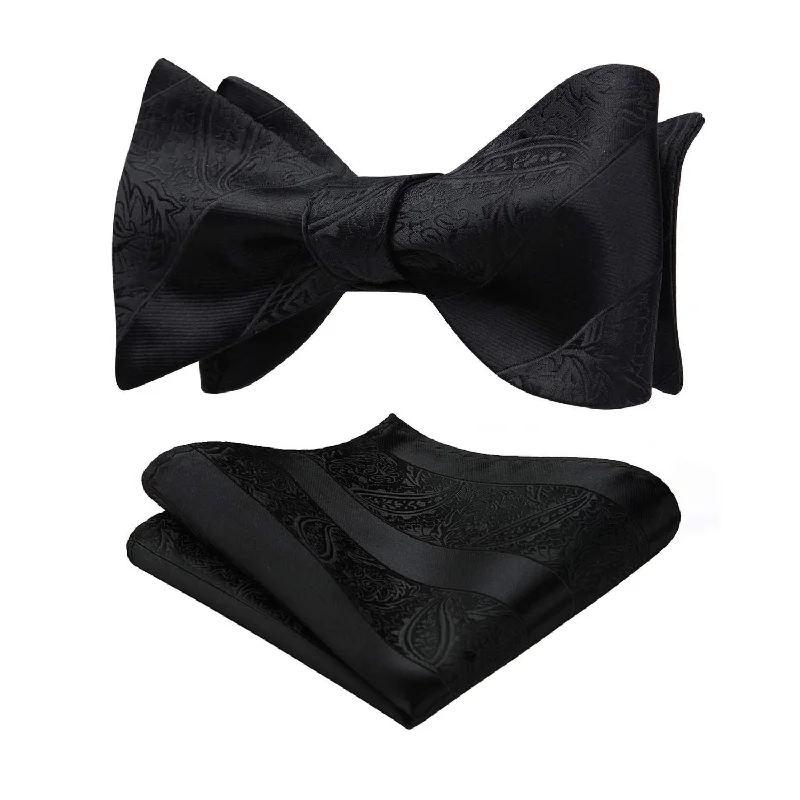 Best men's silk tie for formal events-Floral Paisley Bow Tie & Pocket Square Sets - 1-BLACK