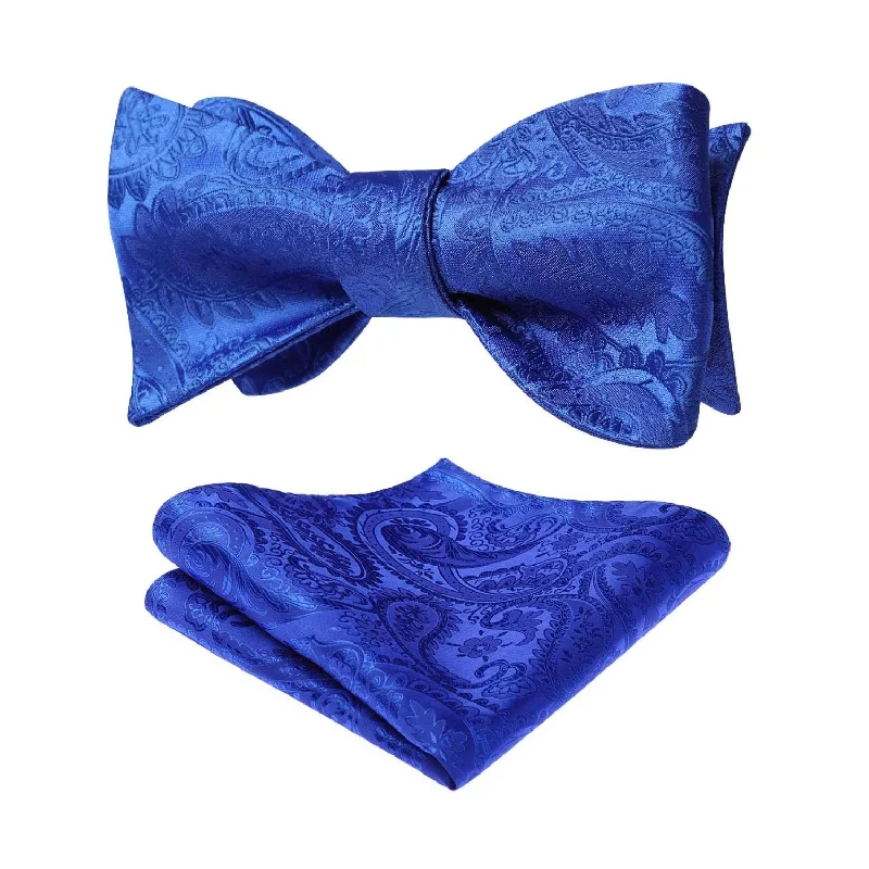 Trendy men's tie with fine stripes-Floral Paisley Bow Tie & Pocket Square Sets - C-BLUE