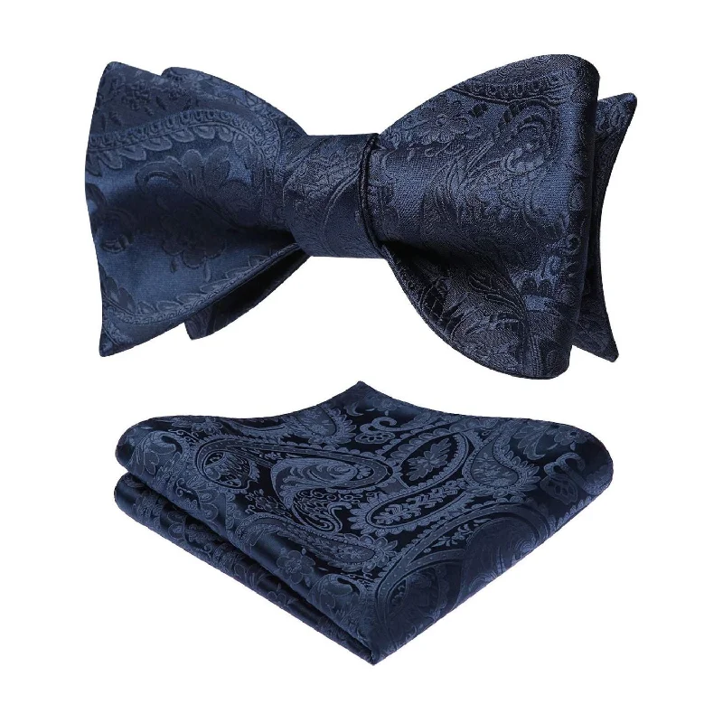 Classic men's tie with diamond pattern-Floral Paisley Bow Tie & Pocket Square Sets - C-NAVY BLUE