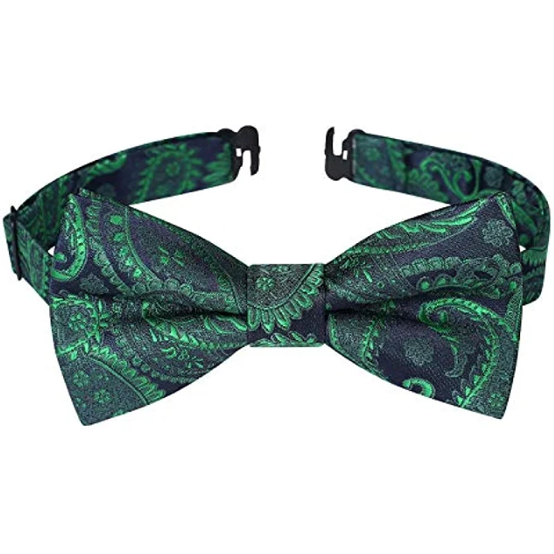 Designer men's necktie for special occasions-Floral Paisley Pre-Tied Bow Tie for Boy - GREEN/NAVY BLUE