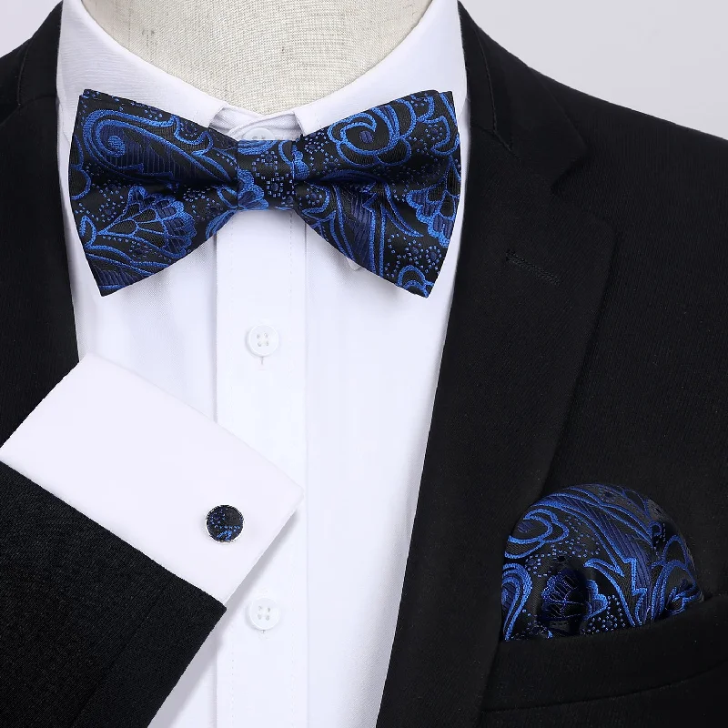 Men's tie with contrasting color blocks-Floral Paisley Pre-Tied Bow Tie Handkerchief Cufflinks - 5-NAVY BLUE