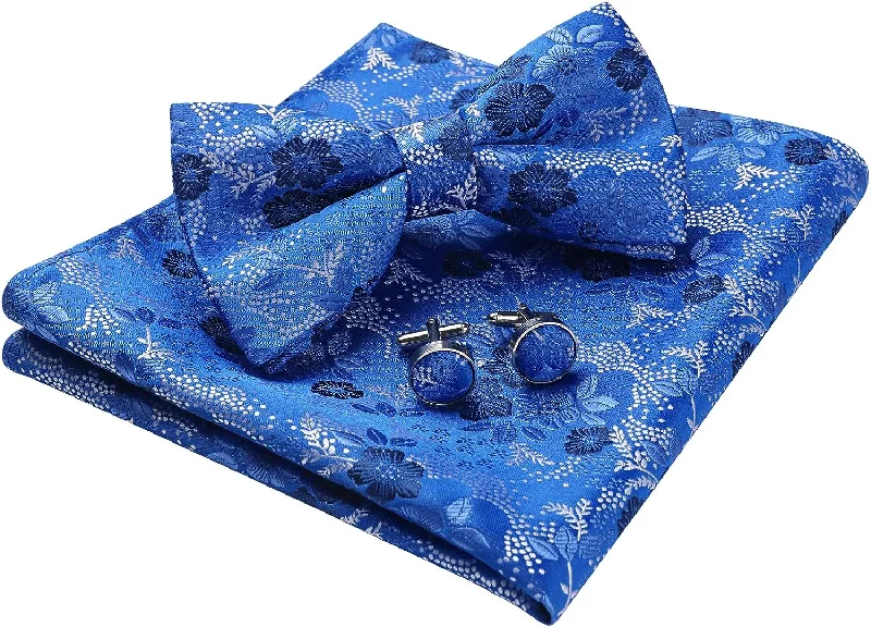 Classic men's tie for business attire-Floral Pre-Tied Bow Tie Pocket Square Cufflinks - BLUE