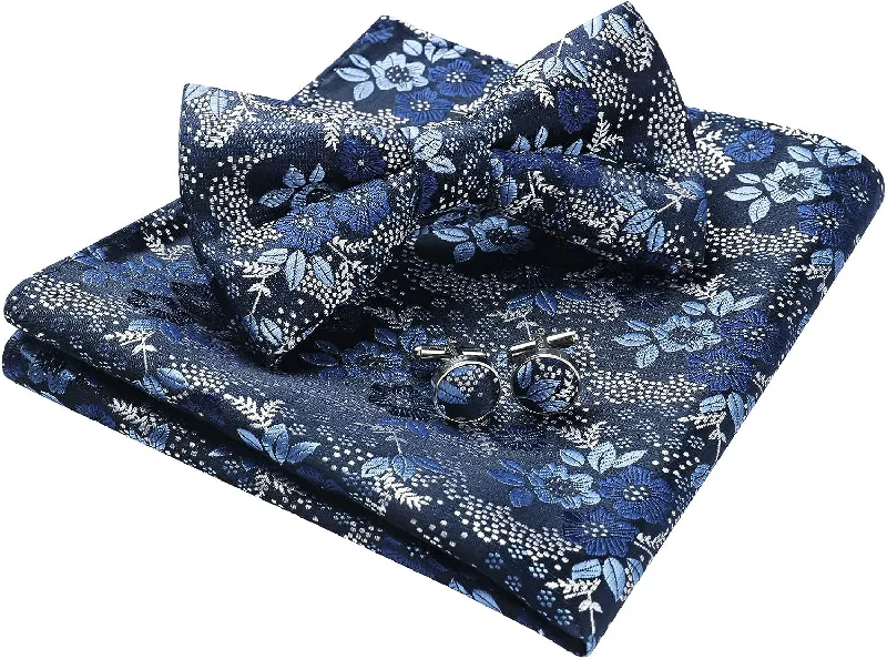 Designer men's tie with sophisticated colors-Floral Pre-Tied Bow Tie Pocket Square Cufflinks - DARK BLUE