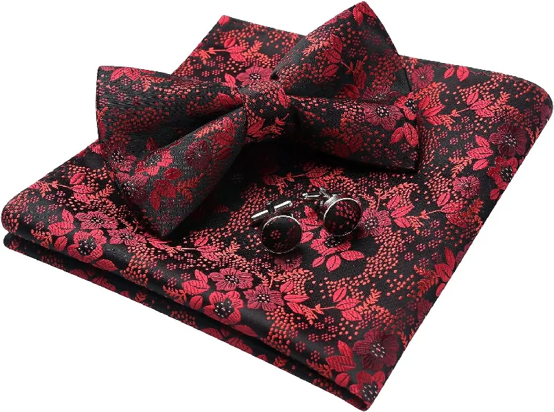 Stylish men's silk tie for evening functions-Floral Pre-Tied Bow Tie Pocket Square Cufflinks - RED