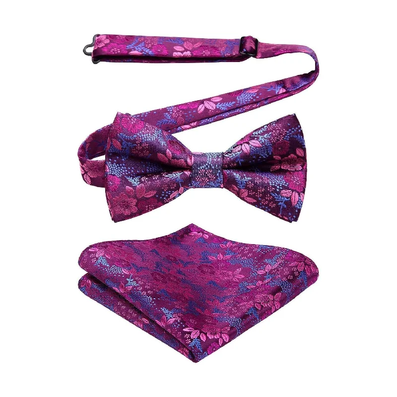 Affordable men's tie for everyday wear-Floral Pre-Tied Bow Tie & Pocket Square - D-PURPLE 5