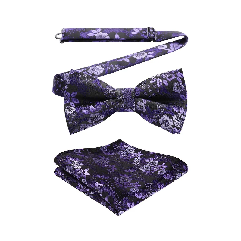 Best men's tie for evening gatherings-Floral Pre-Tied Bow Tie & Pocket Square - D-PURPLE 6