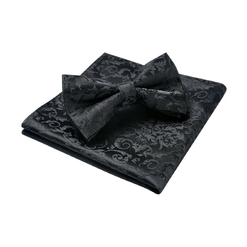 Men's tie with luxurious fabric for special occasions-Floral Pre-Tied Bow Tie & Pocket Square - D15-BLACK