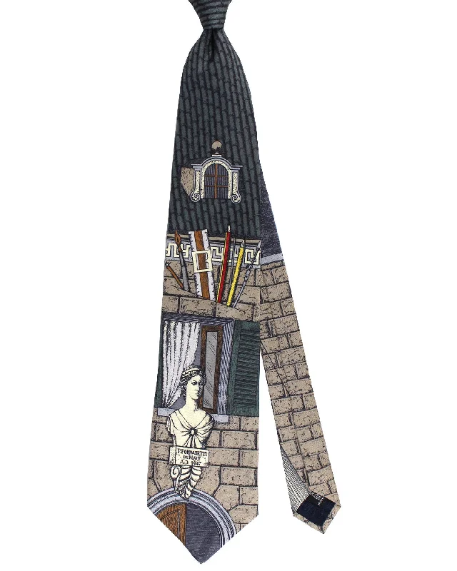 Stylish men's silk tie for evening wear-Fornasetti Silk Tie Taupe Gray Architectural Design - Wide Necktie