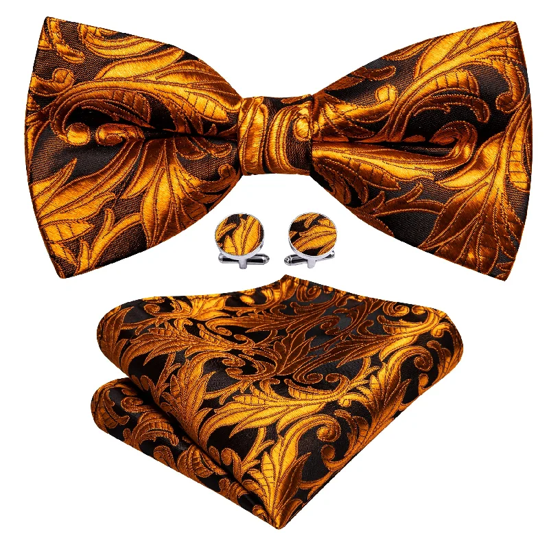 Men's tie with intricate jacquard design for weddings-Barry Wang Brown Orange Floral Pre-tied Bow Tie Hanky Cufflinks Set