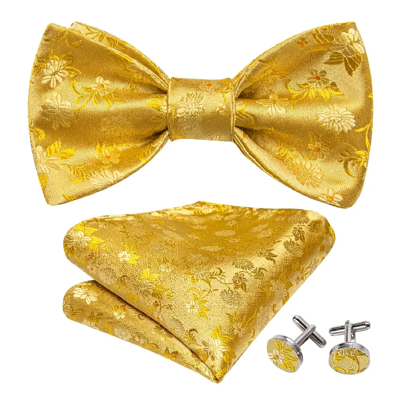 Stylish men's silk tie for holiday parties-Barry Wang Gold Bowtie Floral Men's Formal Bow Tie Hanky Cufflinks Set