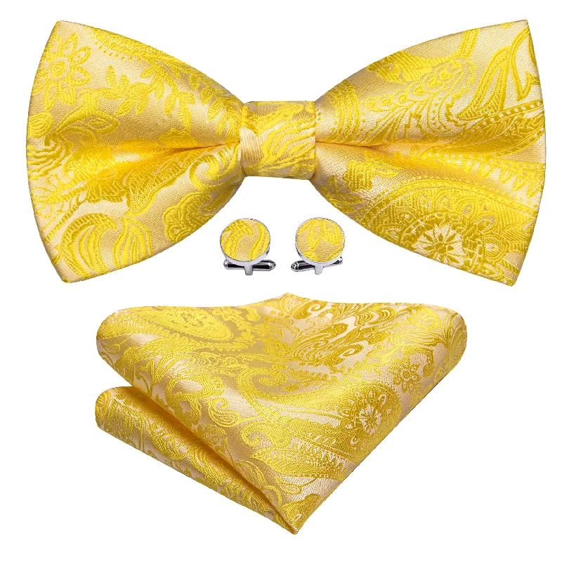 Stylish men's tie with minimalist pattern-Barry Wang Gold Yellow Paisley Pre-tied Bow Tie Hanky Cufflinks Set