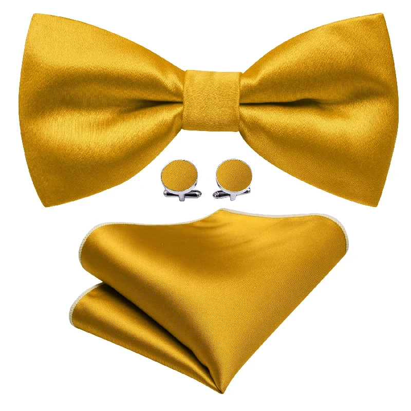 Men's tie with bold accents for formal meetings-Barry Wang Gold Yellow Solid Silk Pre Tied Bow Tie Hanky Cufflinks Set