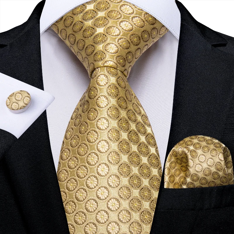 Classic men's tie for business attire-Golden Floral Men's Silk Tie Handkerchief Cufflinks Set