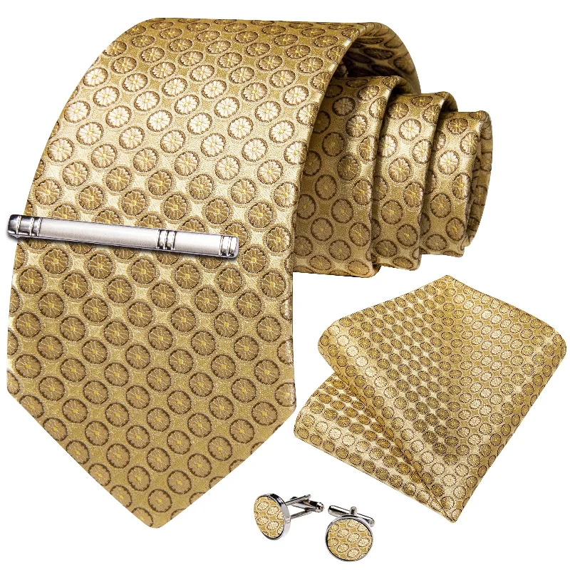 Men's tie for formal and elegant affairs-Golden Floral Men's Tie Handkerchief Cufflinks Clip Set